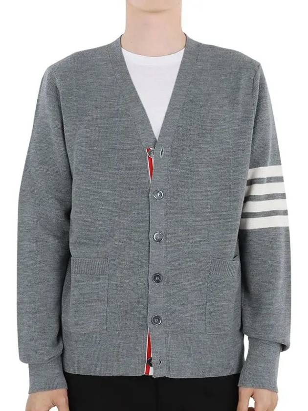 4-Bar Striped Waffle High V-Neck Cardigan Light Grey - THOM BROWNE - BALAAN 3