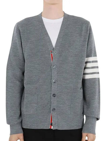 4-Bar Striped Waffle High V-Neck Cardigan Light Grey - THOM BROWNE - BALAAN 2