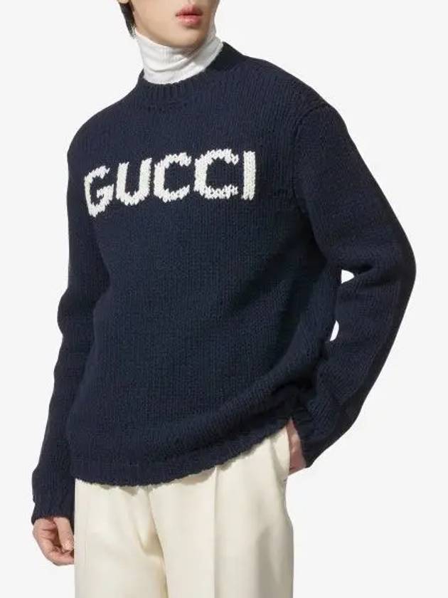 Logo Intarsia Wool Knit Top Navy - GUCCI - BALAAN 2