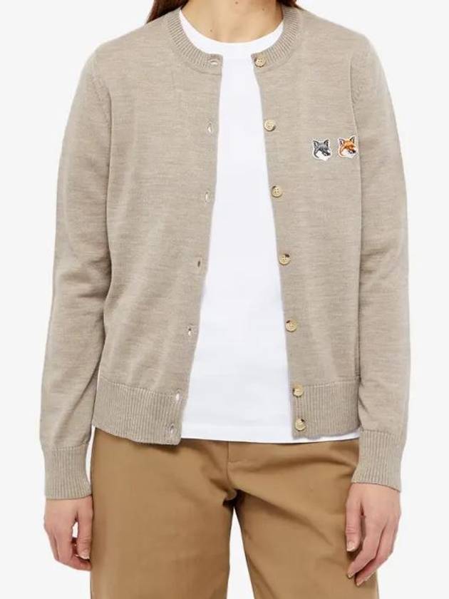 Double Fox Head Patch Round Neck Cardigan Beige Melange - MAISON KITSUNE - BALAAN 5