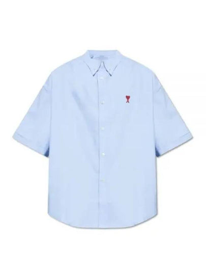 Men's Boxy Fit Embroidered Logo Short Sleeve Shirt Light Blue - AMI - BALAAN 2