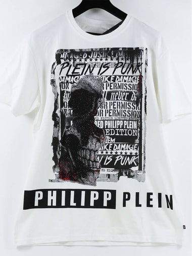 Men's Sculpted Skull Crystal MultiLogo Short Sleeve TShirt White SS16 HM342575 - PHILIPP PLEIN - BALAAN 1