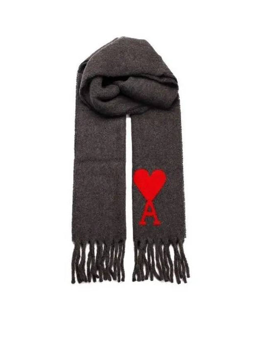 Heart Logo Oversized Wool Fringe Scarf Dark Grey - AMI - BALAAN 2