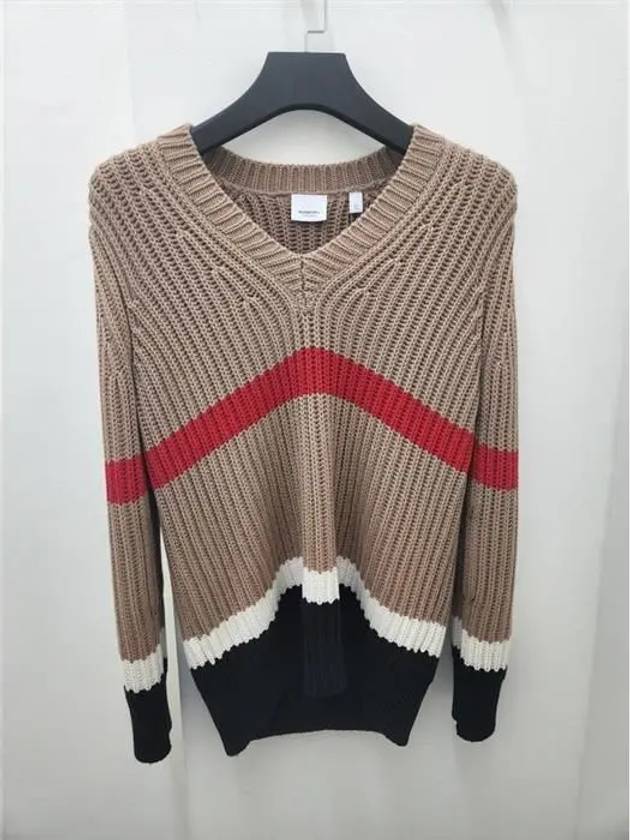 Striped V-neck Cashmere Knit Top Brown - BURBERRY - BALAAN.