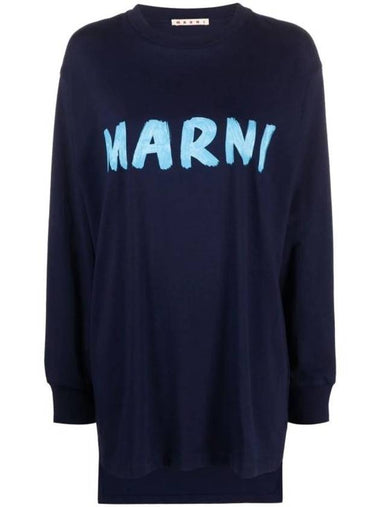 Logo Print Organic Jersey Long Sleeve T-Shirt Navy - MARNI - BALAAN 1