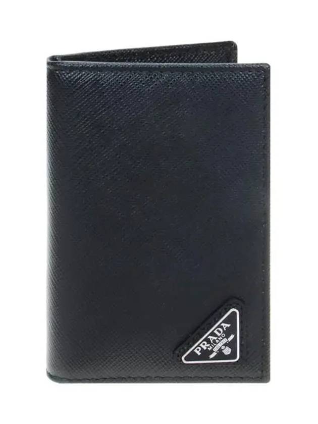 Saffiano Triangular Logo Flap Card Wallet Black - PRADA - BALAAN 2