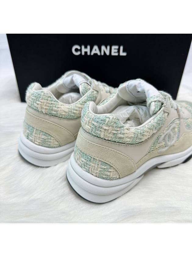 CC Logo Cotton Tweed Suede Calfskin Low Top Sneakers Light Blue Ecru - CHANEL - BALAAN 3