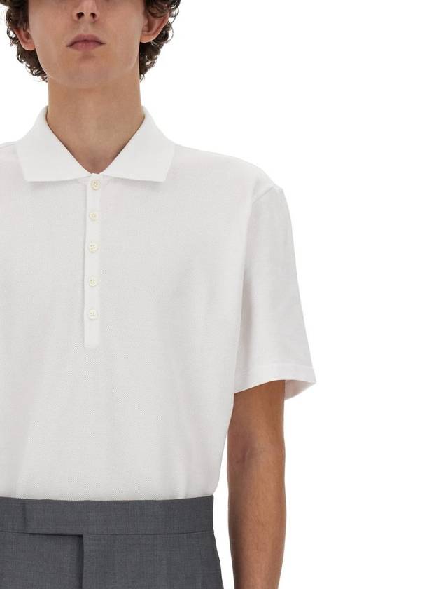 Men's Cotton Pique Center Bag Striped Short Sleeve Polo Shirt White - THOM BROWNE - BALAAN 5