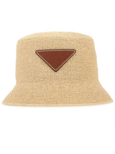 Triangular logo patch raffia bucket hat beige - PRADA - BALAAN 1