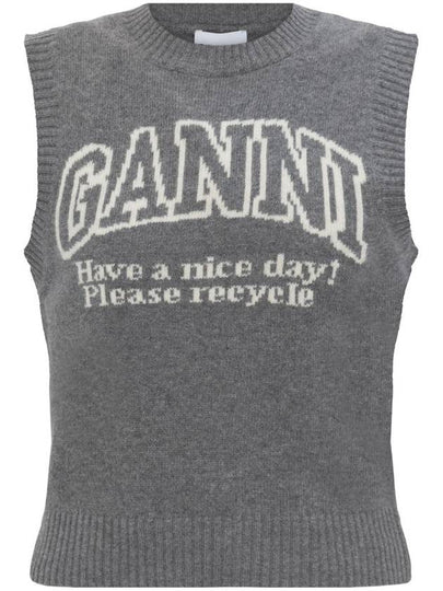 Logo Graphic Crew Neck Wool Knit Vest Grey - GANNI - BALAAN 2