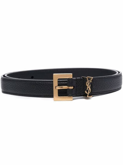 Cassandre Grained Leather Square Buckle Thin Belt Black - SAINT LAURENT - BALAAN 2