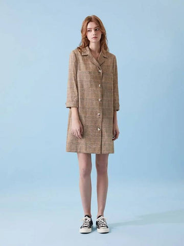 Linen Long Jacket Check Mini Dress Brown - VOYONN - BALAAN 1