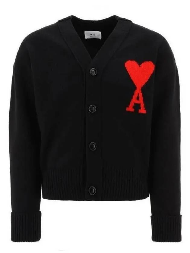 Intarsia Big Heart Logo Oversized Virgin Wool Cardigan Black - AMI - BALAAN 2