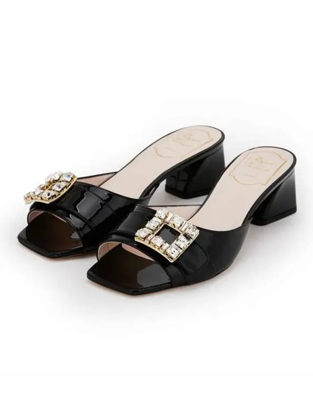 Crystal Embellished Buckle Sandals Heel Black - ROGER VIVIER - BALAAN 2