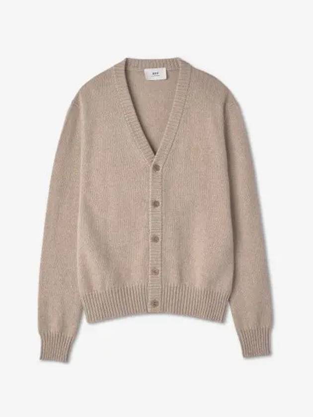 Small Heart Logo V-Neck Cardigan Beige - AMI - BALAAN 2