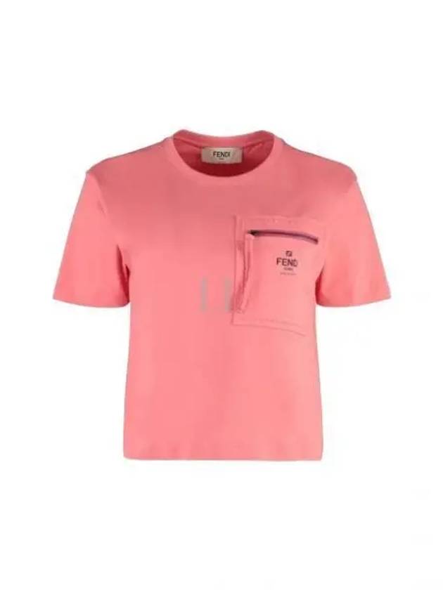 Logo Zipper Pocket Cropped Short Sleeve T-Shirt Pink - FENDI - BALAAN 2