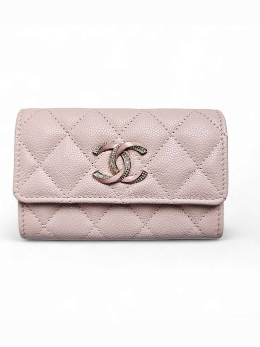 Gold Plated Shiny Grained Calfskin Enamel Strass Card Wallet Light Pink - CHANEL - BALAAN.