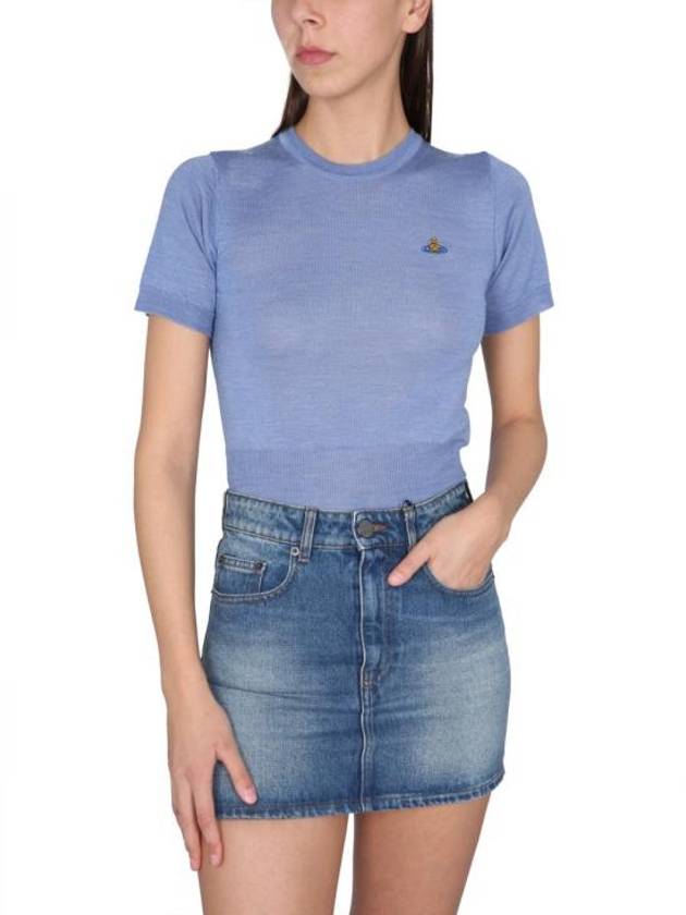 Women's ORB Logo Wool Silk Blend Crop Knit Top Blue - VIVIENNE WESTWOOD - BALAAN 5