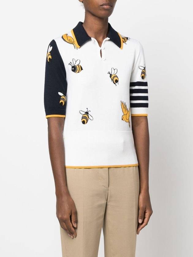 Fun-Mix Cotton Merino Birds and Bees 4-Bar Polo Shirt White - THOM BROWNE - BALAAN 4