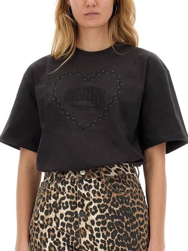 Drop Shoulder Heart Cotton Short Sleeve T-Shirt Black - GANNI - BALAAN 5