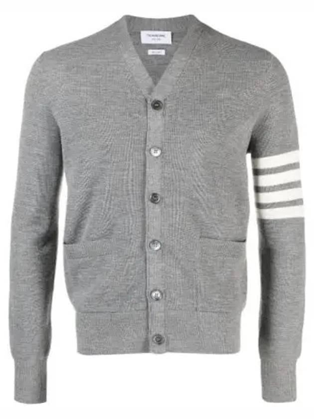 4-Bar Striped Waffle High V-Neck Cardigan Light Grey - THOM BROWNE - BALAAN 2