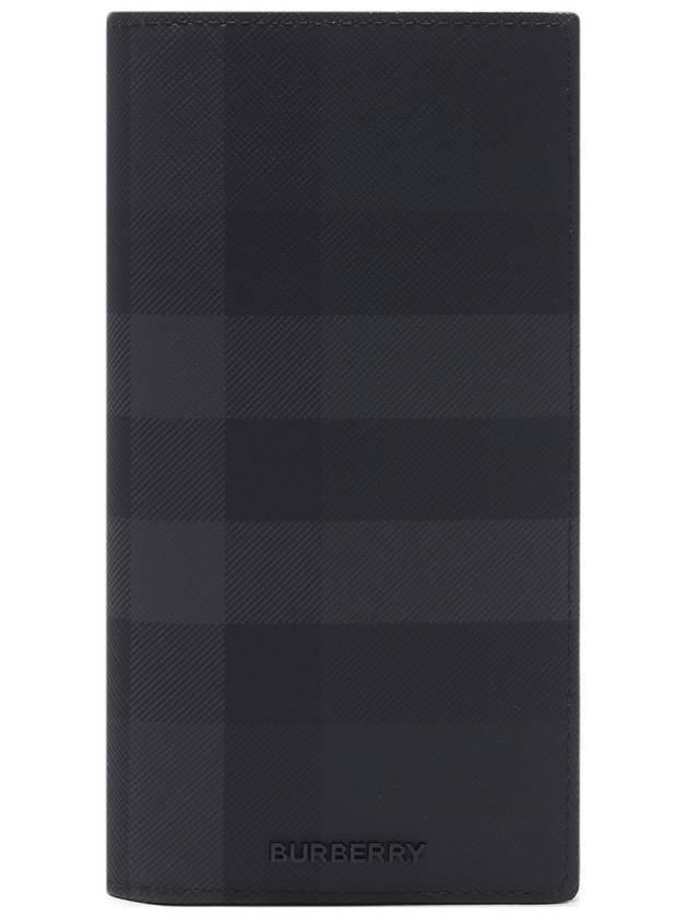 Logo Checked Leather Long Wallet Charcoal - BURBERRY - BALAAN 1