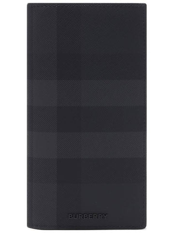 Logo Checked Leather Long Wallet Charcoal - BURBERRY - BALAAN 1