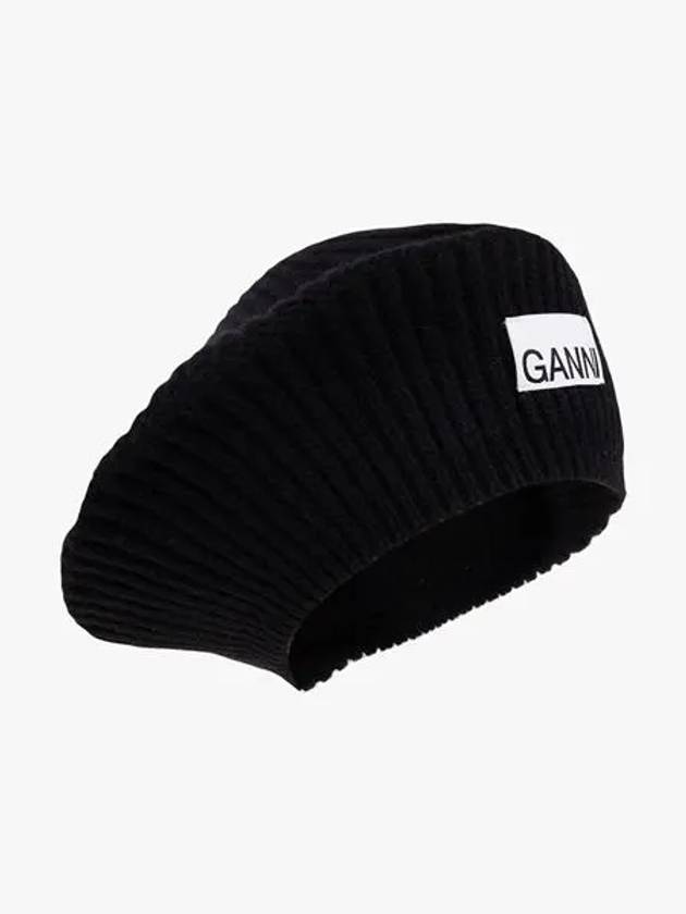 Logo Rib Edge Wool Beret Black - GANNI - BALAAN 3