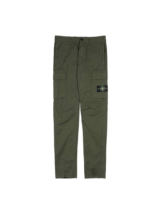 Stretch Cotton Gabardine Garment Dyed Cargo Straight Pants Olive Green - STONE ISLAND - BALAAN 1