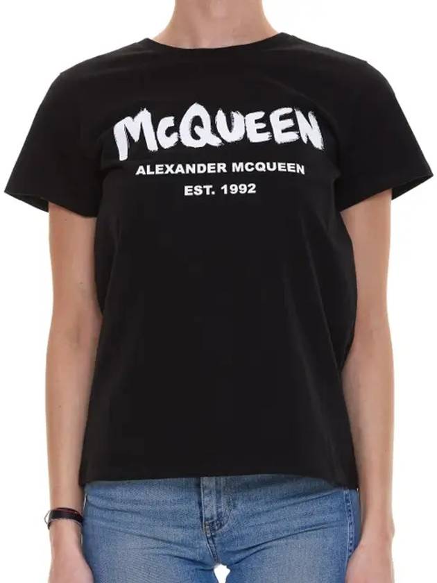 Women's Graffiti Logo Short Sleeve T-Shirt Black - ALEXANDER MCQUEEN - BALAAN 3