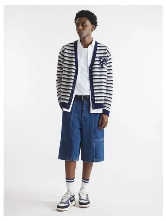 Men s Foxhead Intarsia Stripe Striped Comfort Spring Fall Cardigan Navy White Domestic Product GM0024082339531 - MAISON KITSUNE - BALAAN 1