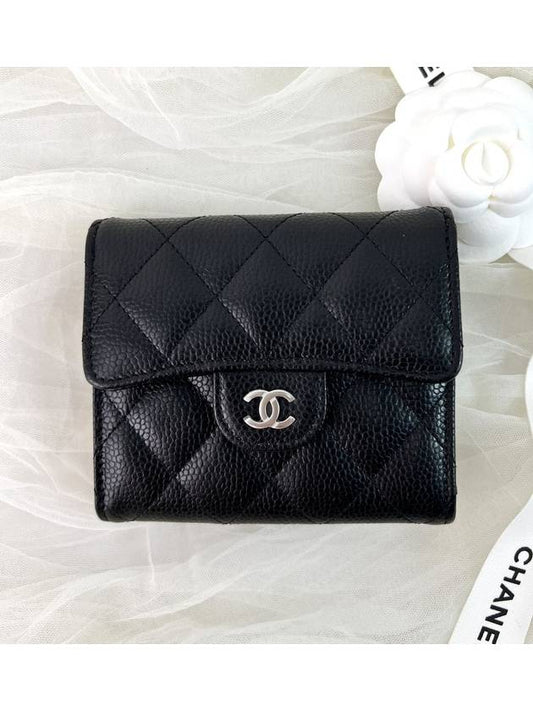 Small Classic Flap Wallet Grained Calfskin Silver Black - CHANEL - BALAAN 2