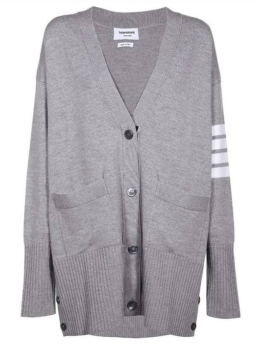 Fine Merino Wool 4-line Oversized Fit V-neck Cardigan Light Grey - THOM BROWNE - BALAAN.