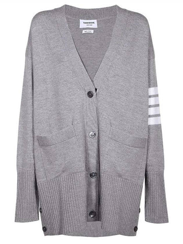 Fine Merino Wool 4-line Oversized Fit V-neck Cardigan Light Grey - THOM BROWNE - BALAAN 1