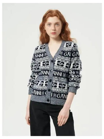 Logo wool mix spring fall cardigan navy domestic product GM0023121887236 - GANNI - BALAAN 1