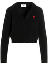 Women's Small Heart Logo Merino Wool Crop Cardigan Black - AMI - BALAAN 1