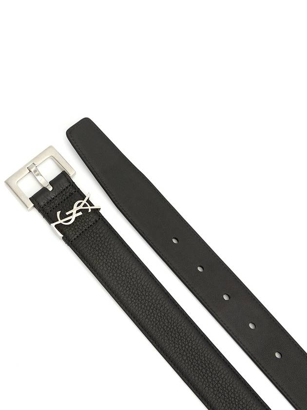 Grained Leather Silver Monogram Belt Black - SAINT LAURENT - BALAAN 4