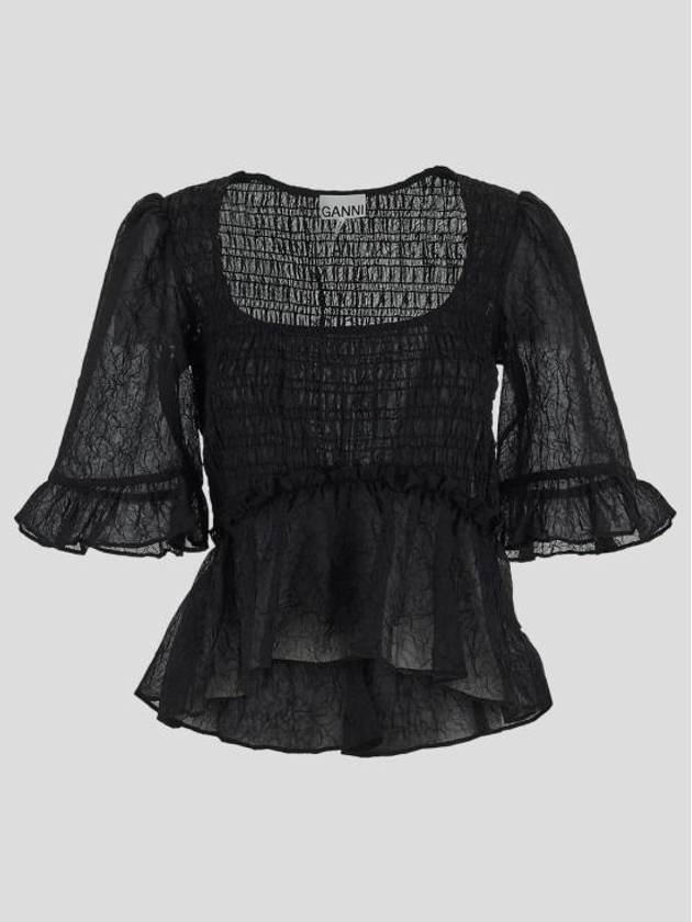 Crinkled Georgette Smock Blouse Black - GANNI - BALAAN 2