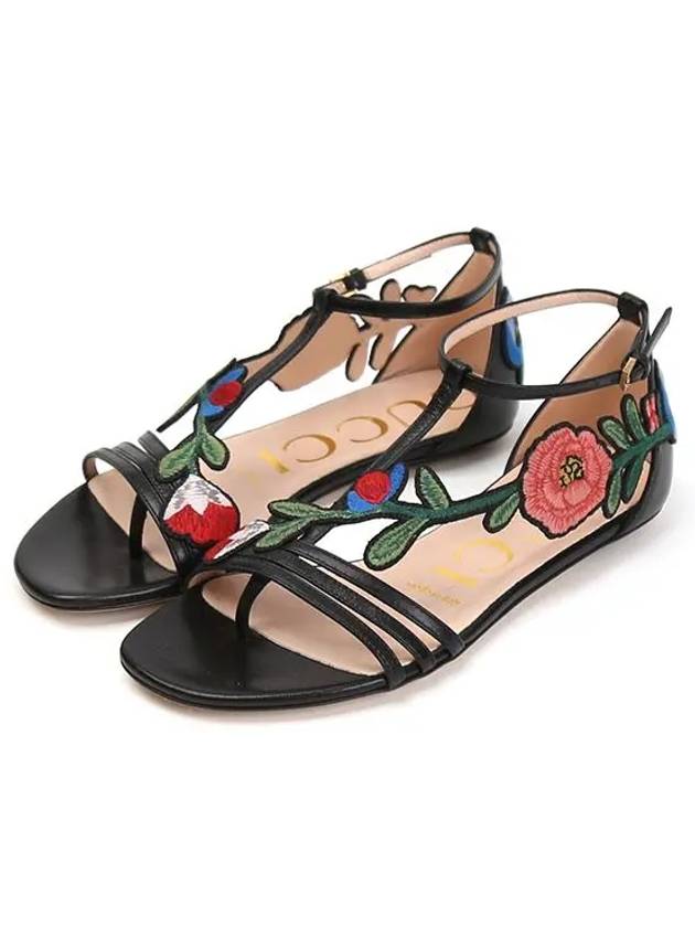 Women's Embroidered Flower Embroidered Strap Sandals Black - GUCCI - BALAAN.