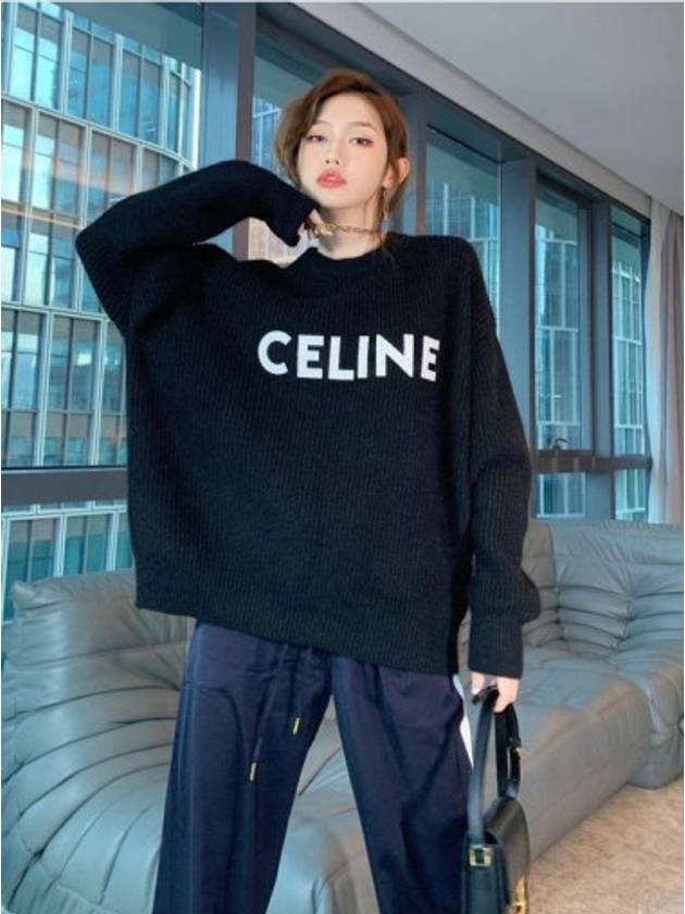 Oversized  Knit Top in Ribbed Wool Black - CELINE - BALAAN 7