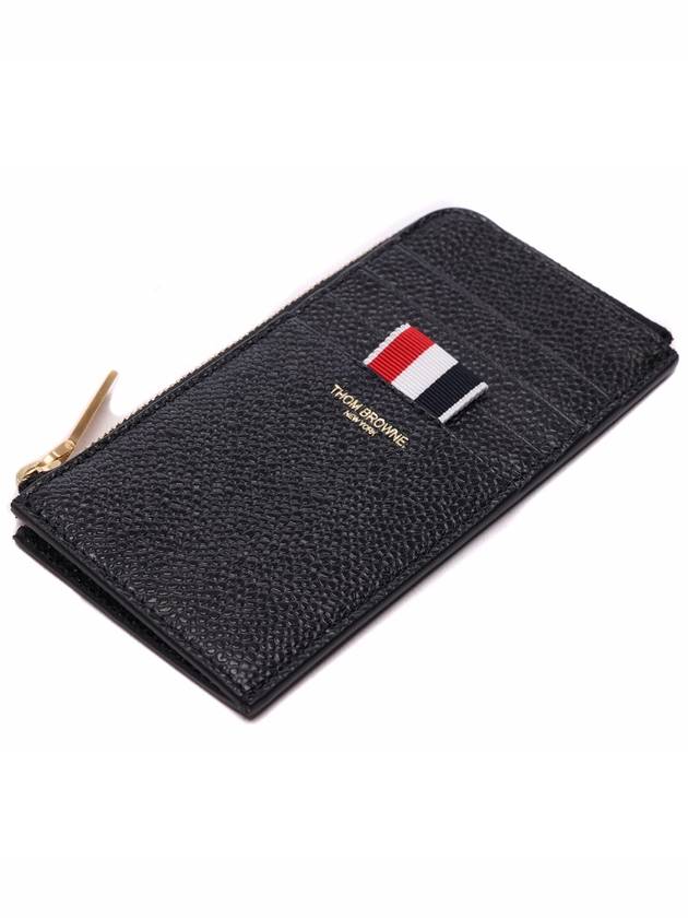 Stripe Zip Around Pebble Grain Leather Card Wallet Black - THOM BROWNE - BALAAN 6