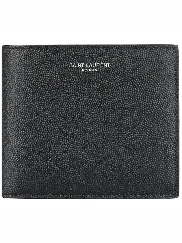 Classic Logo Textured Leather Half Wallet Black - SAINT LAURENT - BALAAN 3