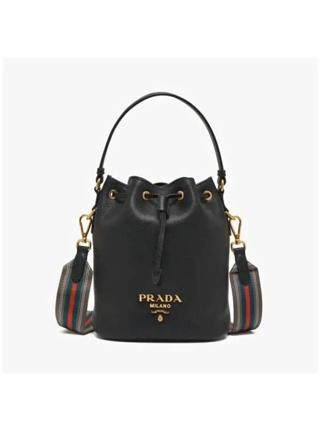 Vitello Phoenix Gold Plated Logo Leather Bucket Bag Black - PRADA - BALAAN 3