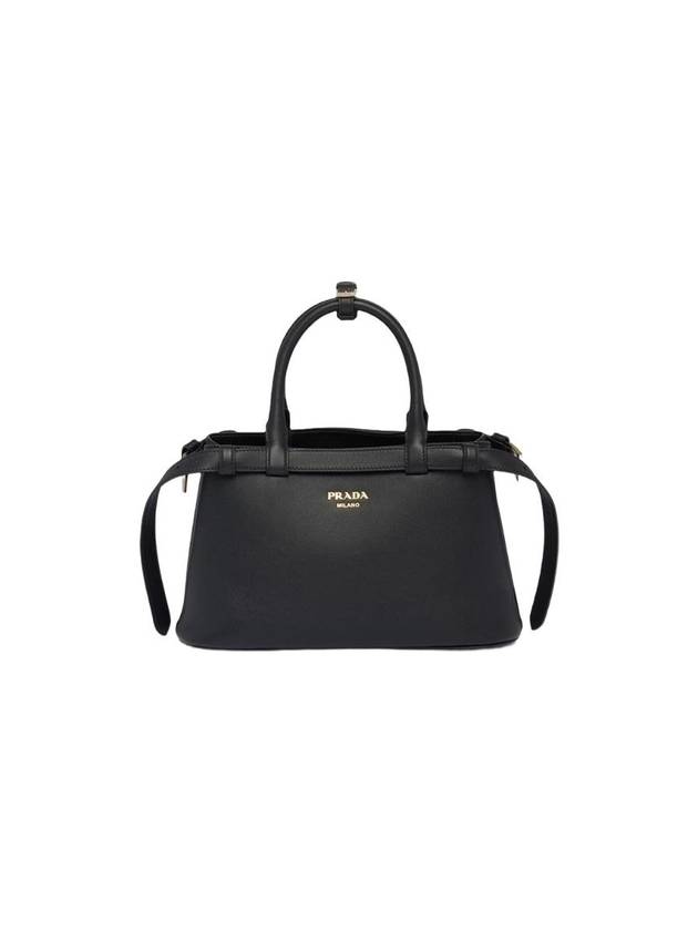 Double Belt Buckle Large Leather Handles Tote Bag Black - PRADA - BALAAN 1