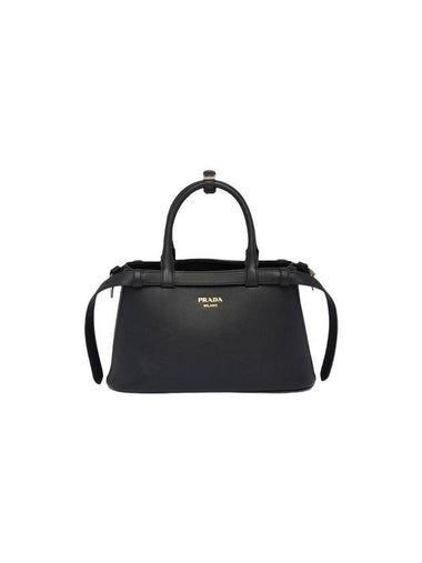 Double Belt Buckle Large Leather Handles Tote Bag Black - PRADA - BALAAN 1