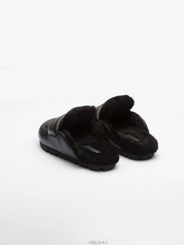 Triangle Logo Fleece Slippers Black - PRADA - BALAAN 5