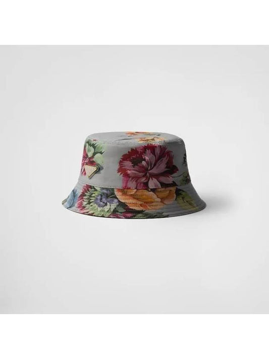 Floral Print Reversible Cotton Bucket Hat Grey - PRADA - BALAAN 1