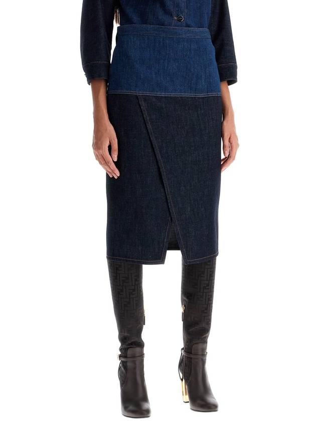 Two Tone Denim Pencil Skirt Blue - FENDI - BALAAN 3