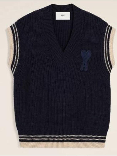 Ribbed V-Neck Wool Vest Navy - AMI - BALAAN 1