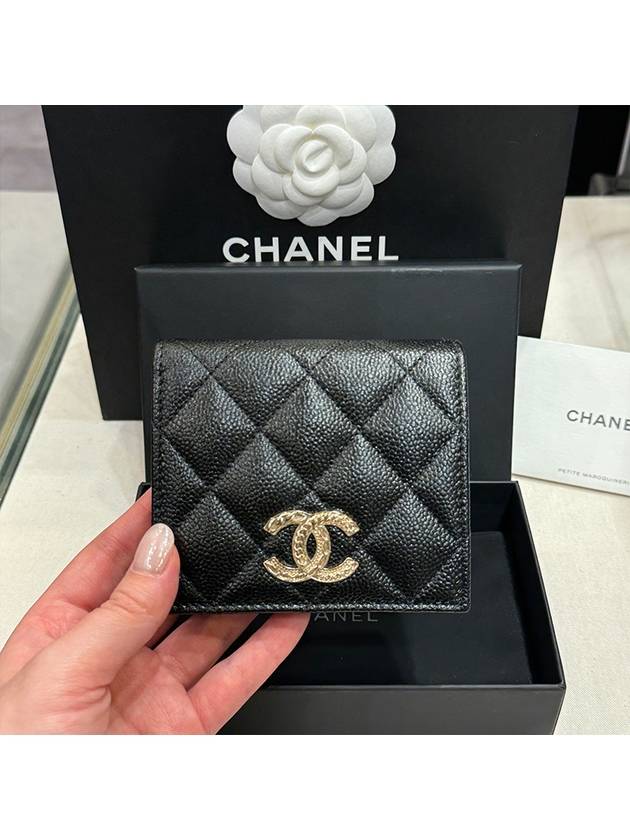 Classic Half Wallet Caviar Skin Black Brooch CC New Logo - CHANEL - BALAAN 9